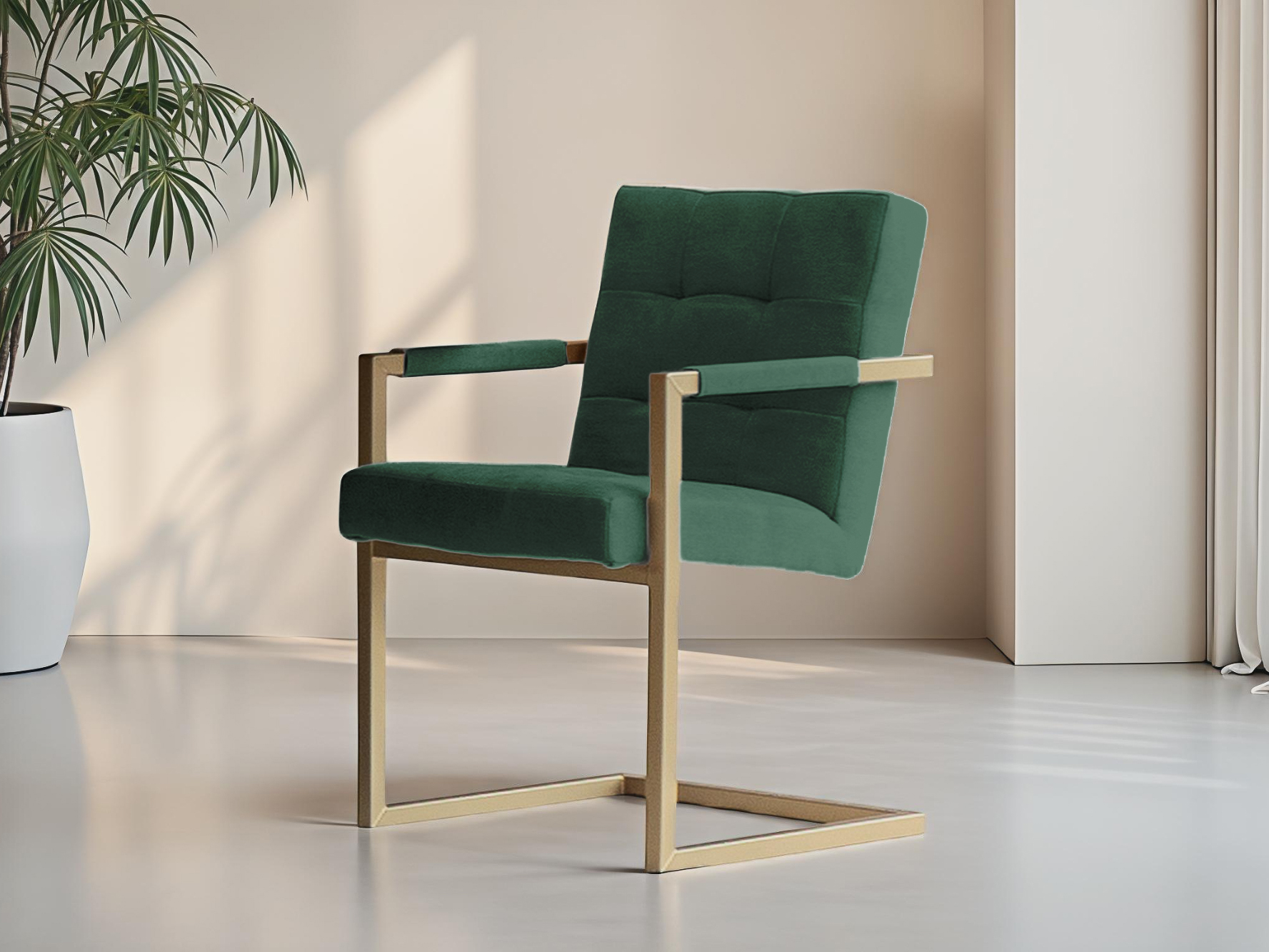 Comfortabele groene stoel met sledepoten en moderne look