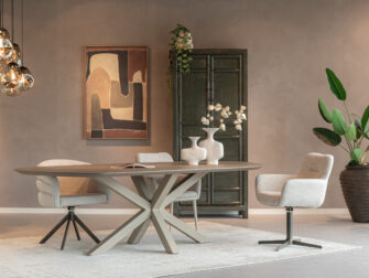 Anodic bruin metaalkleur, draai eetkamerstoel in beige stof