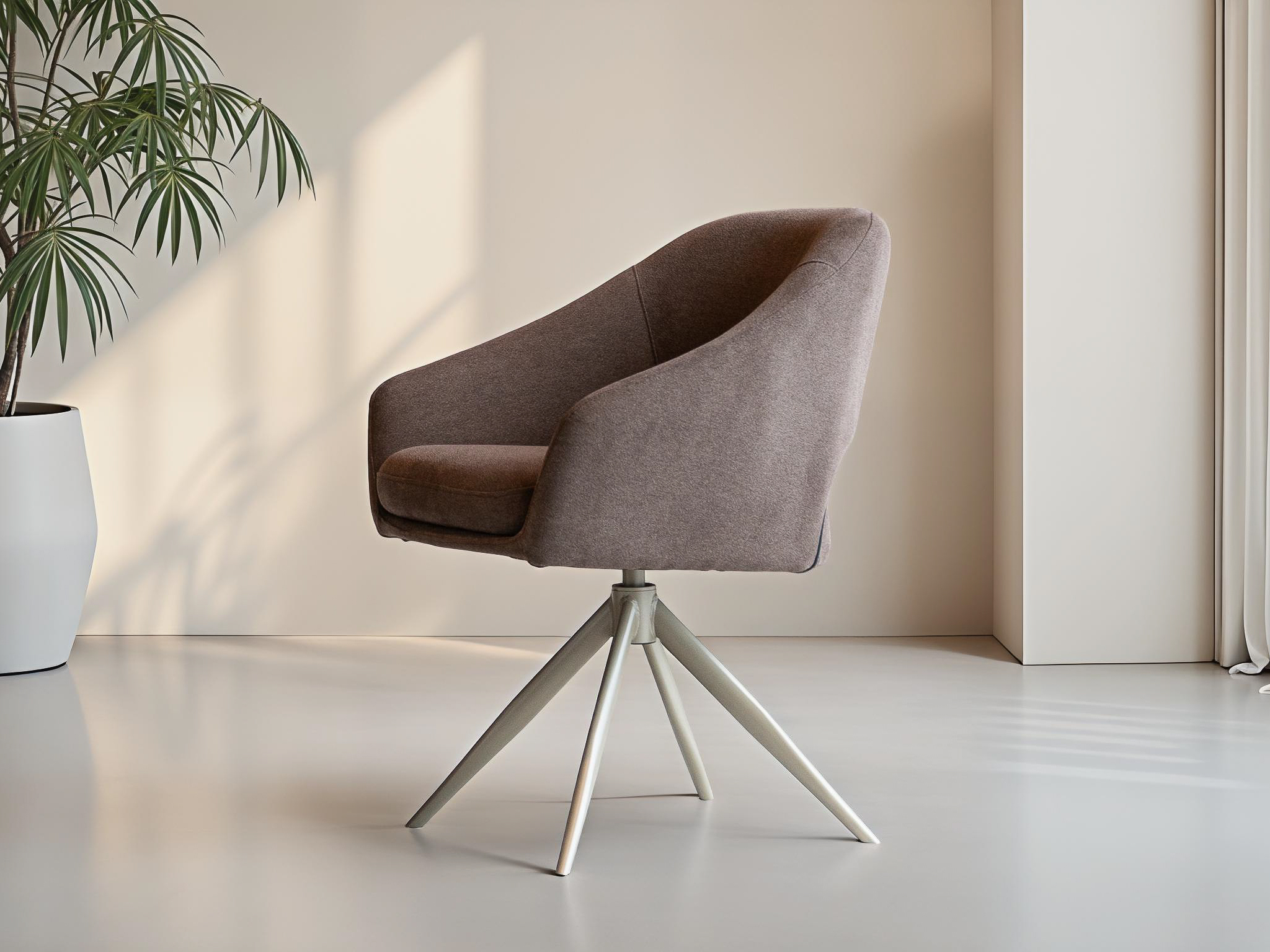 Bruingrijze draaibare stoel met subtiele glans en afgeronde kuip