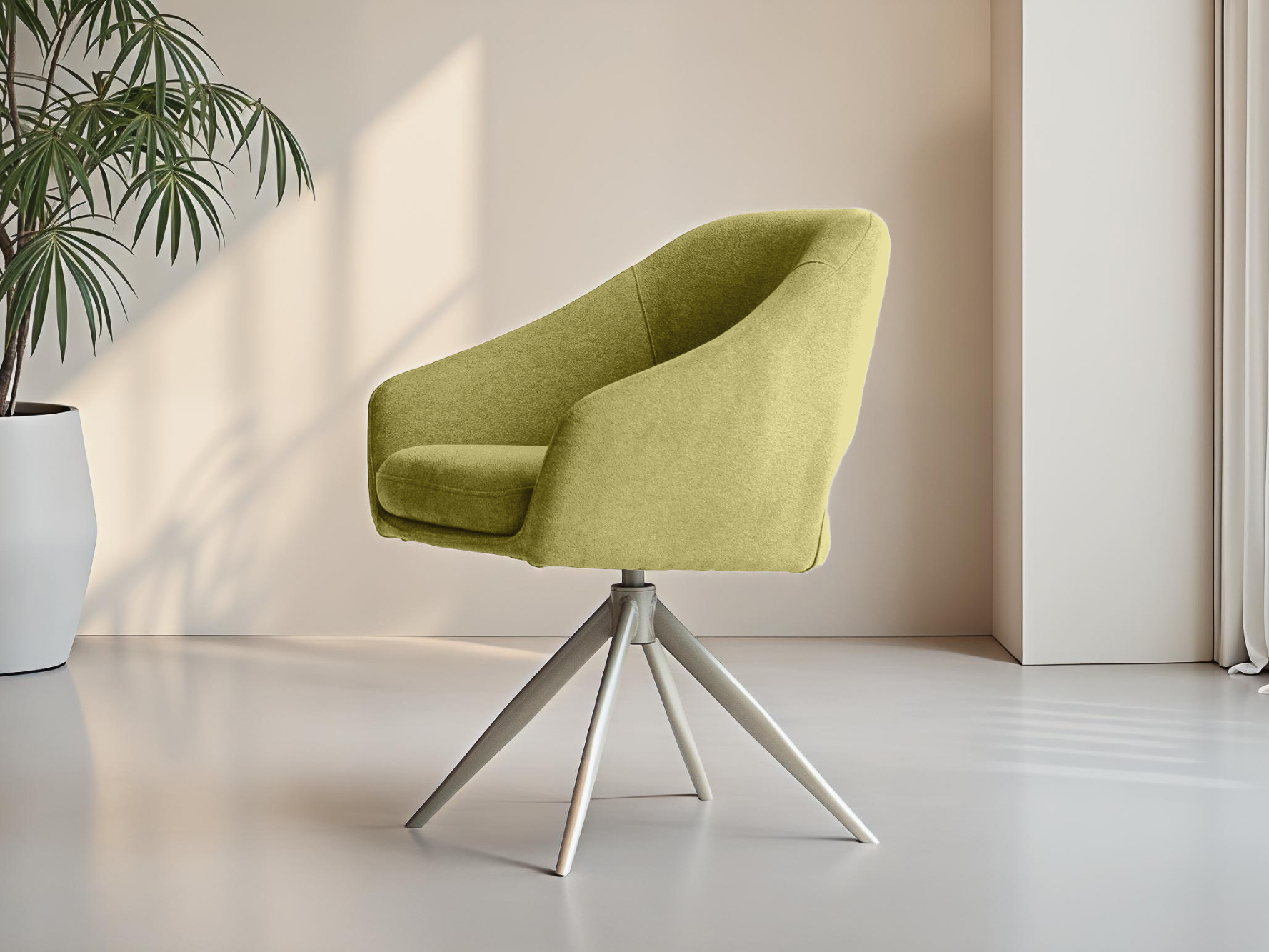 Eetkamerstoel met frisse limoengroene stof en slanke draaibare poot