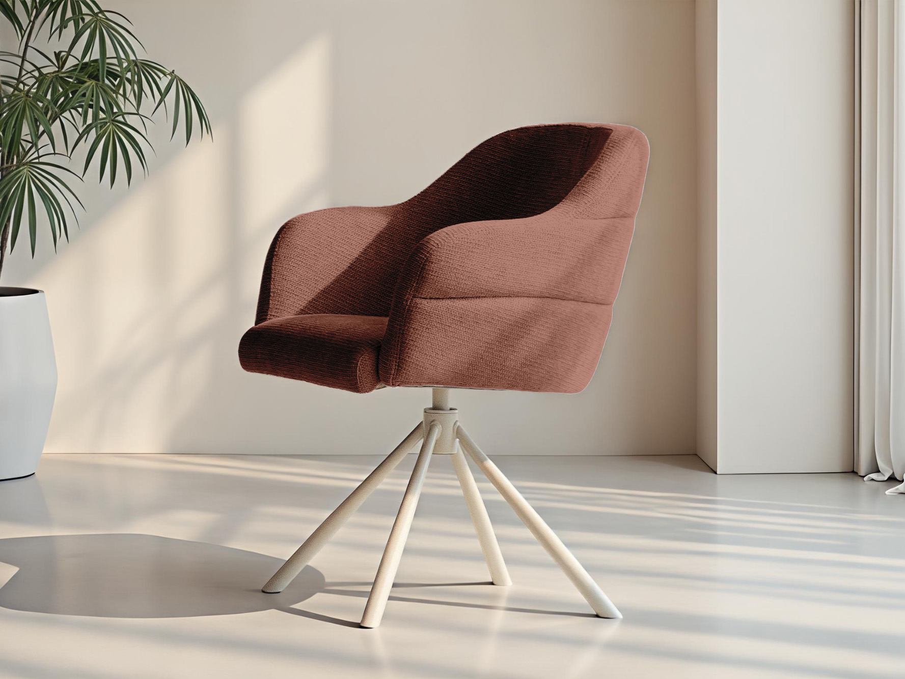 Stijlvolle stoel met beklede armleuningen en open draaivoet in licht metaal