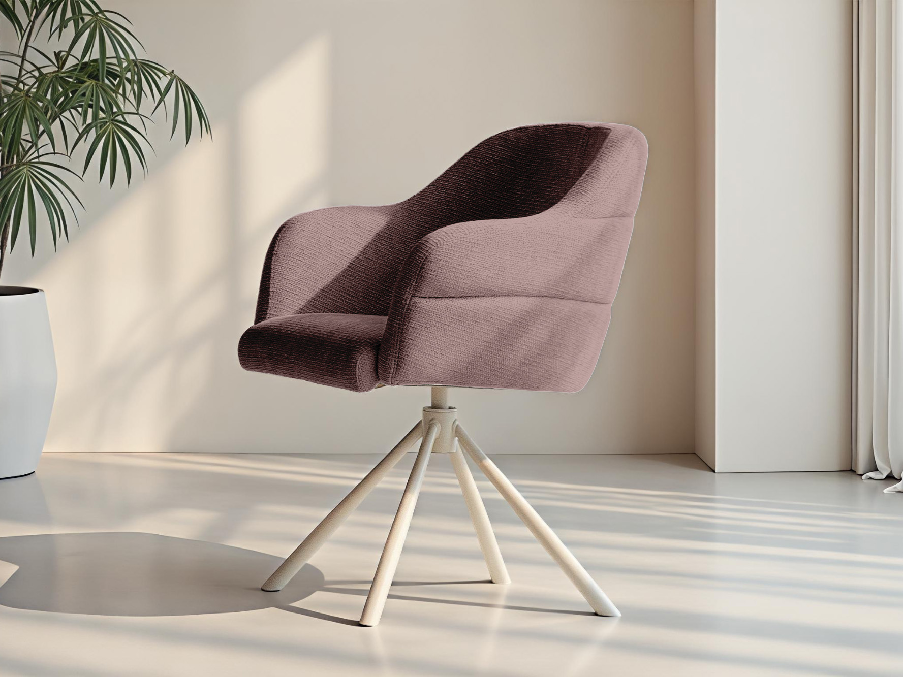 Eetkamerstoel met ronde vormen en stabiele metalen voet in een zachte roze tint