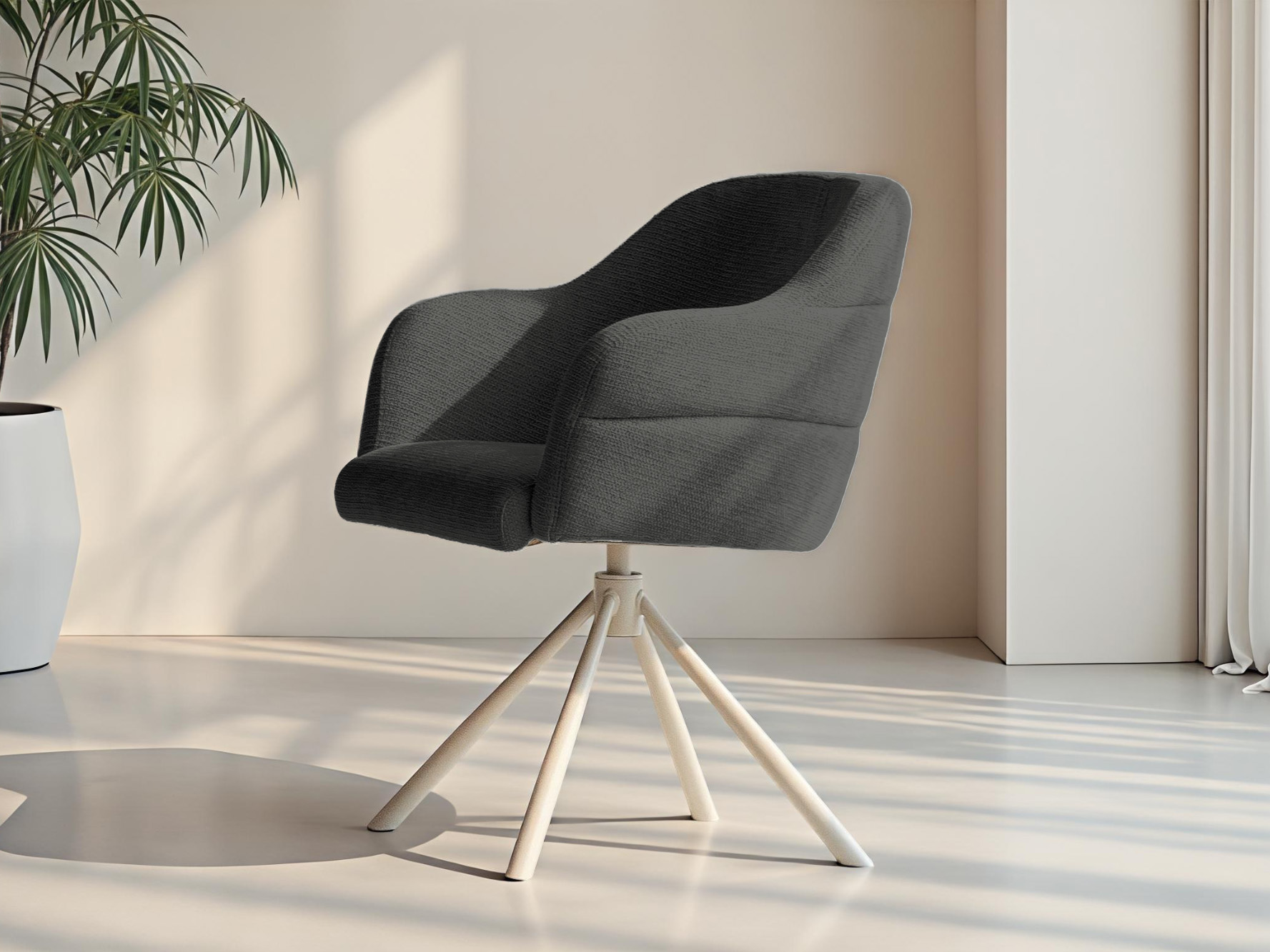 Zitstoel in warme zwarte tint met rondingen, gekleurd onderstel in moderne look