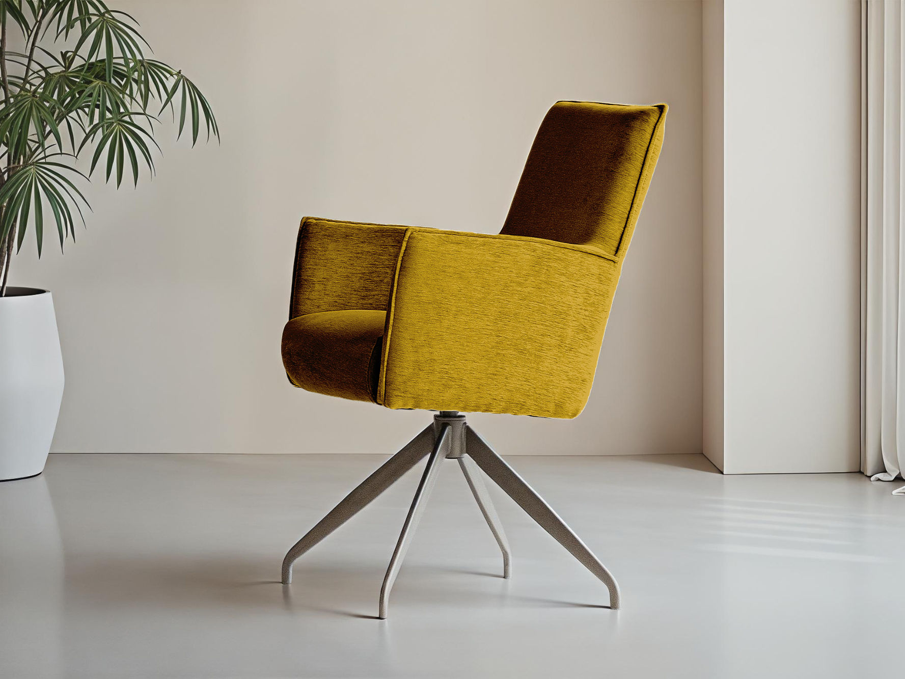 Mosterdgele eetkamerstoel met metalen poten