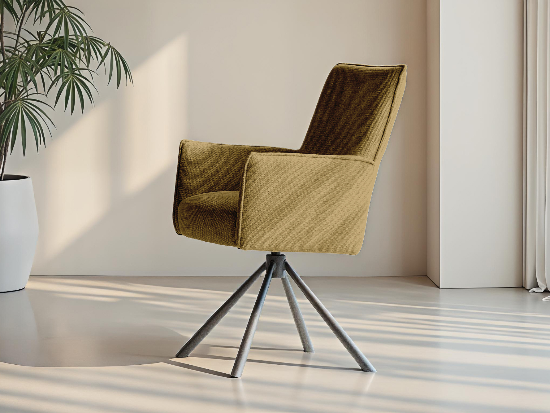 Eetkamerstoel met stoffen bekleding en zwart metalen draaipoot