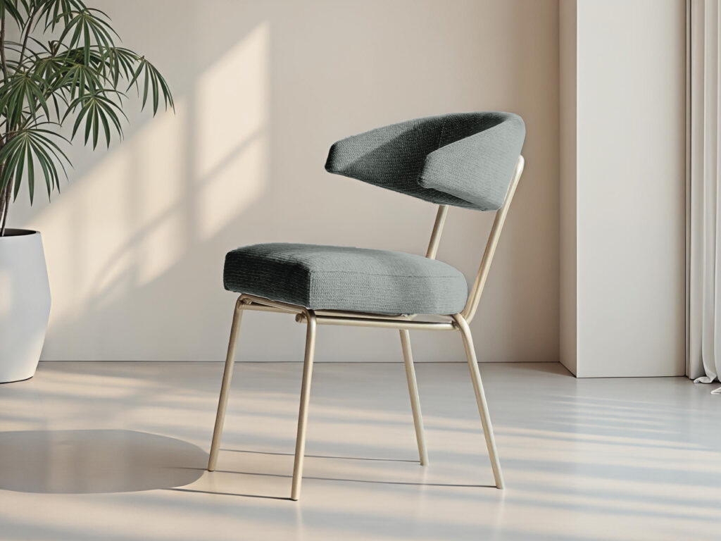 Lichtblauwe eetkamerstoel met slanke metalen voet en comfortabele armleuningen