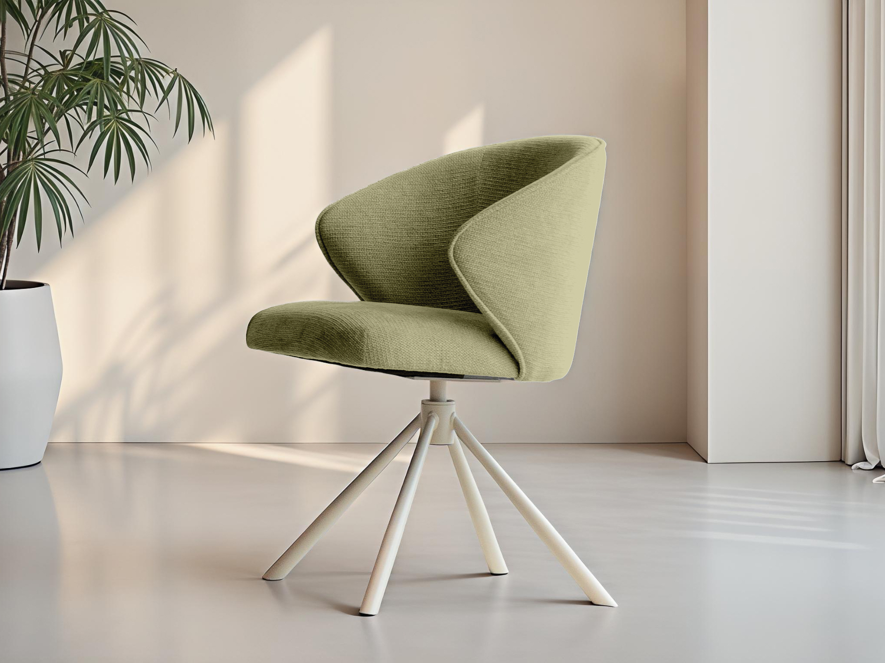 Moderne eetstoel met sierlijke stoffering en speels lijnenspel