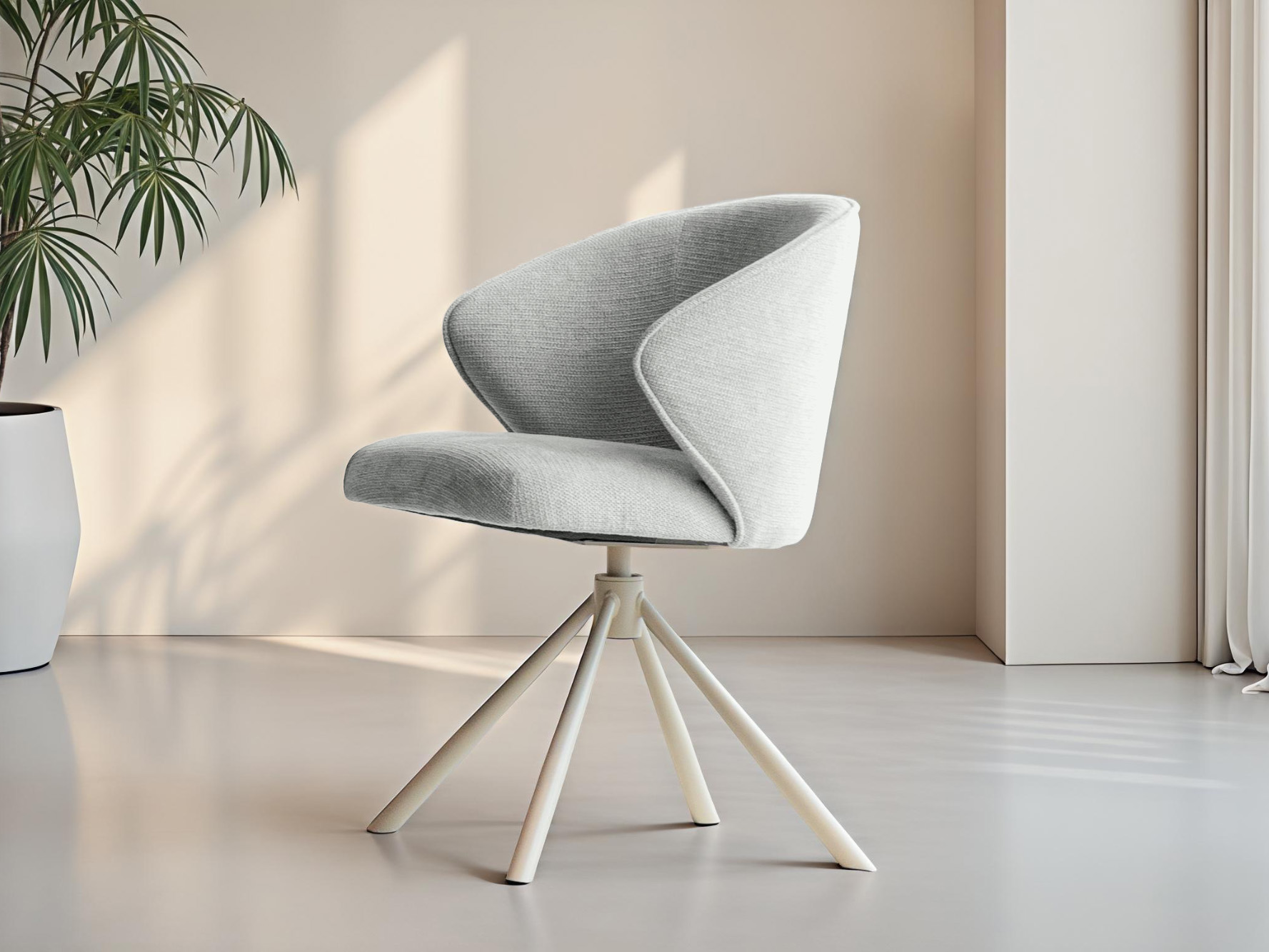 Modern vormgegeven stoel in zachte grijstint met speels onderste