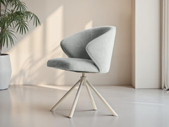 Eetkamerstoel Kayali - mito pearl - onderstel c - metaalkleur magnum Lichtgrijze eetkamerstoel met slanke draaivoet en comfortabele armleuningen