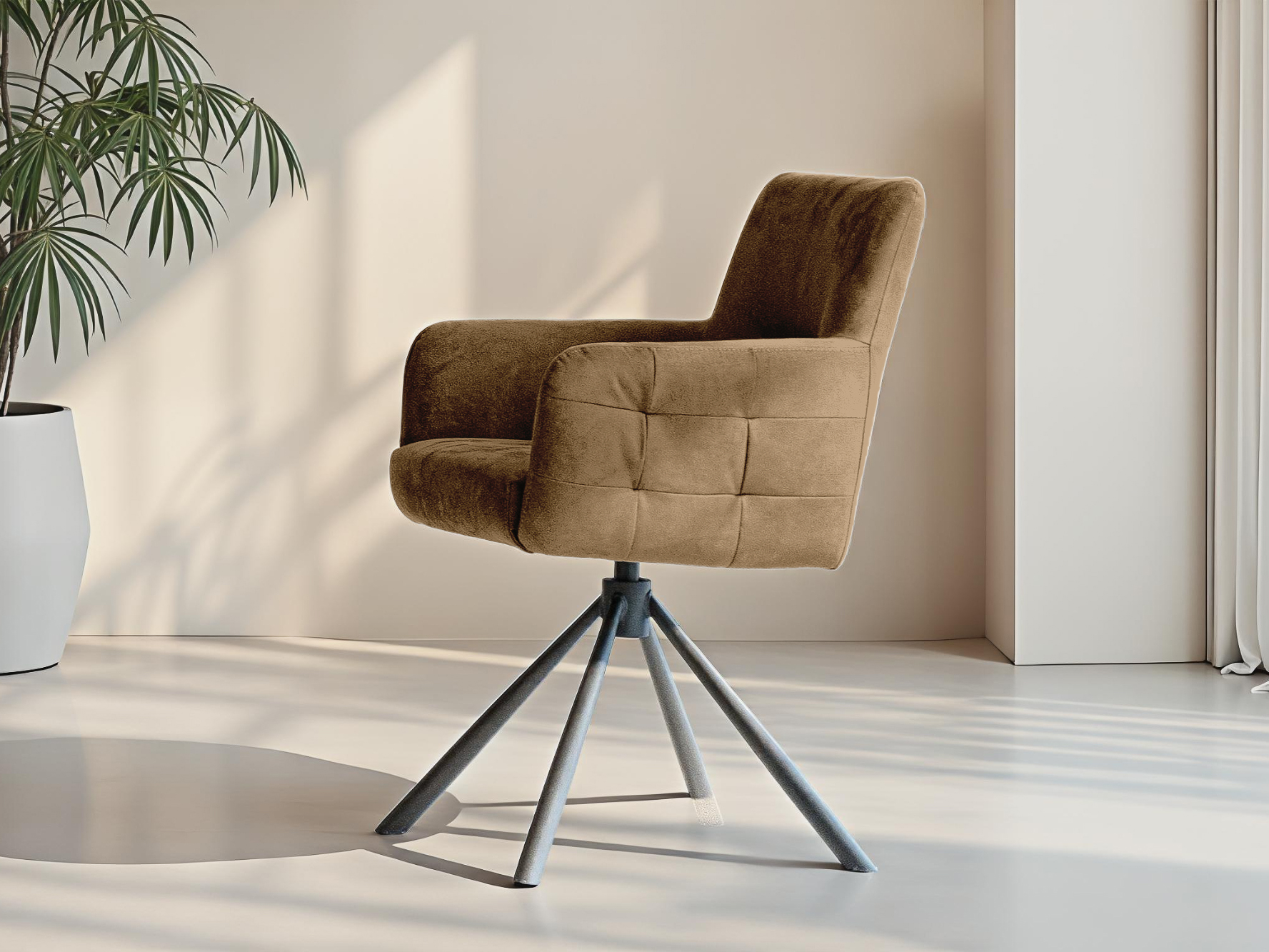 caramel kleurige eetkamerstoel met stiksels