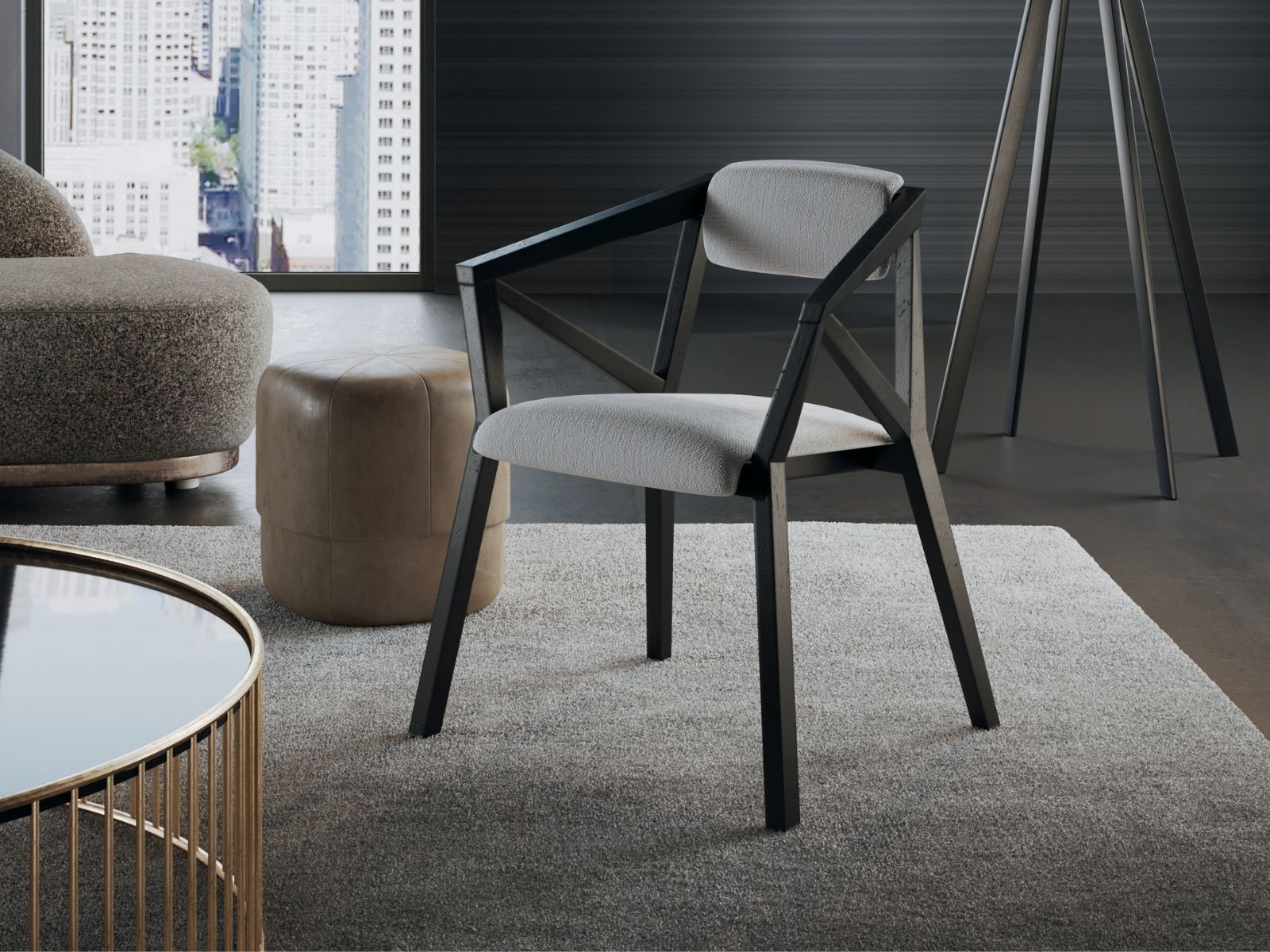 donkerbruine japandi eetkamerstoel met grijze bekleding