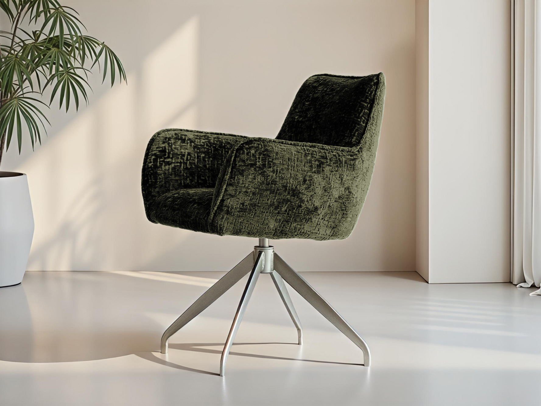 Eetkamerstoel met diepgroene teddy bekleding en draaibaar metalen onderstel