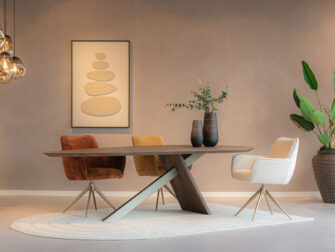 Eetkamerstoel Massimo - cloud ecru - onderstel t - metaalkleur brons antiek chique eetkamerstoel met fluweelzachte stof, vier stevige poten en draaifunctie