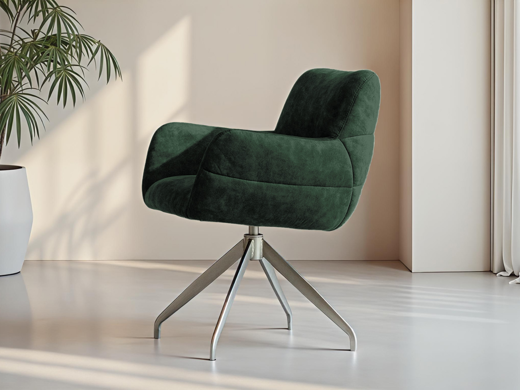 Donkergroene fluwelen eetkamerstoel met geborsteld metalen onderstel