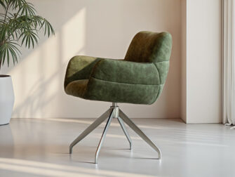 Mosgroene fluwelen eetkamerstoel met stevige zitting en draaivoet