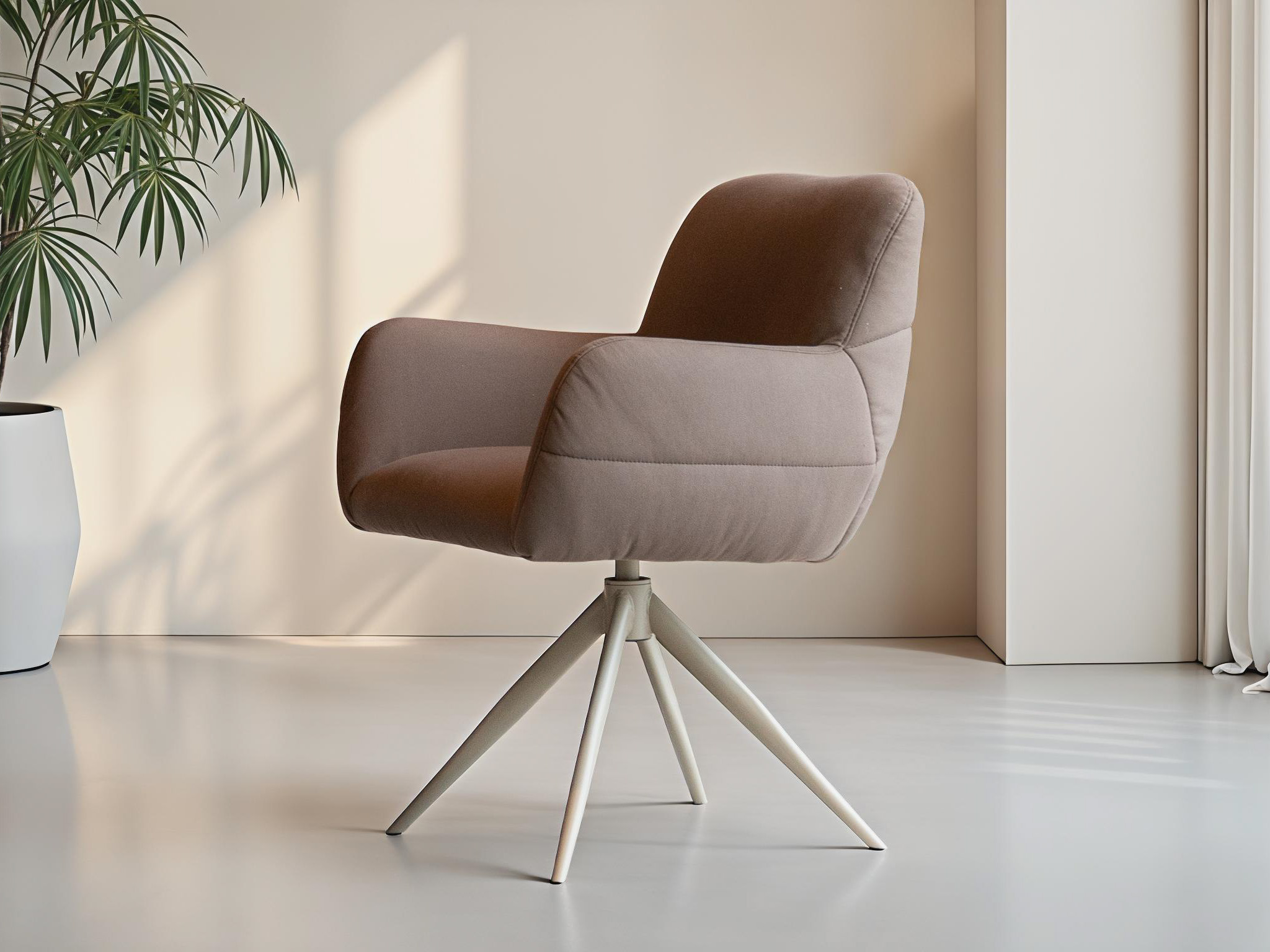 Eetkamerstoel in taupe fluweel met strakke belijning en draaibasis