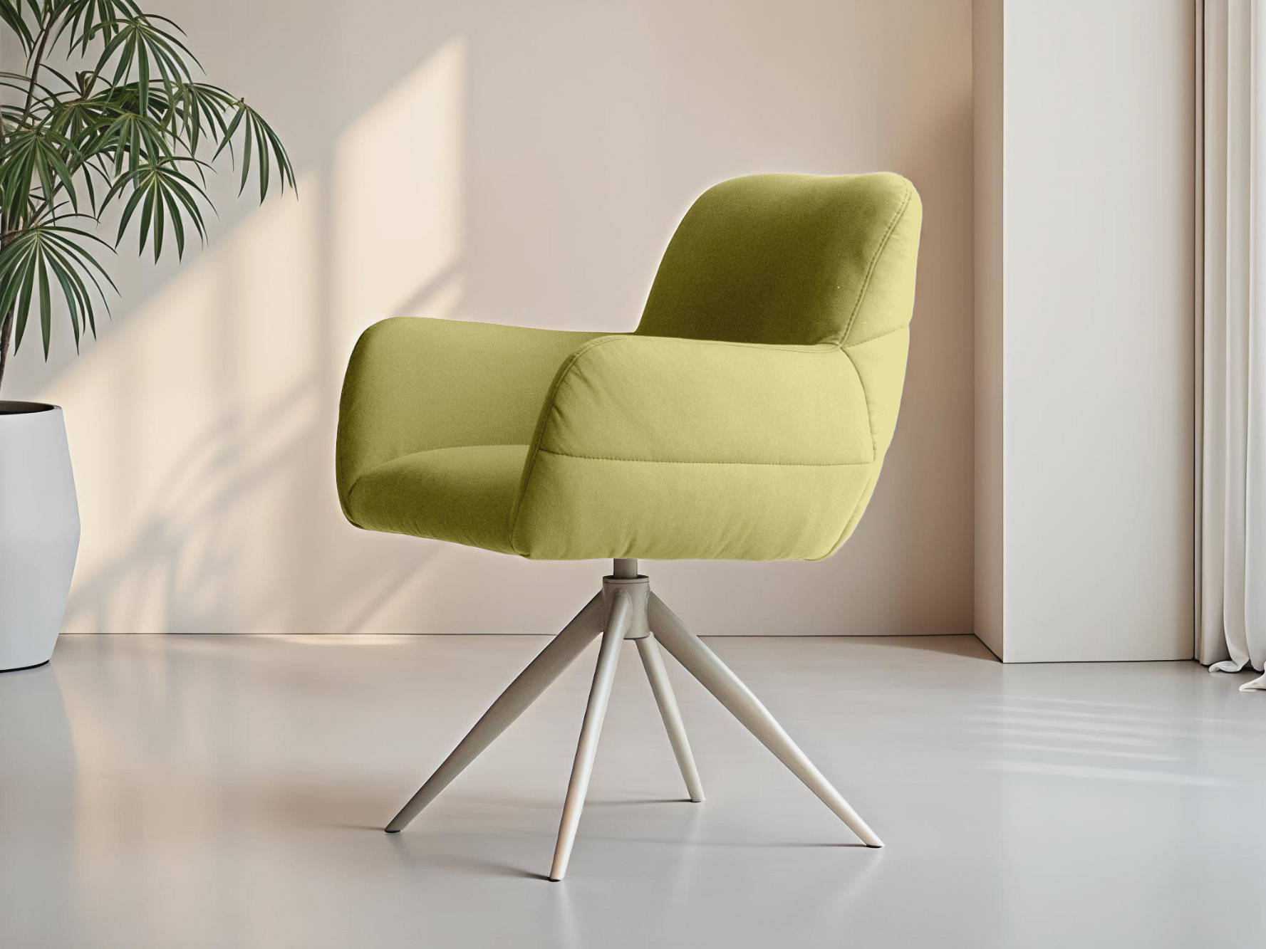 Eetkamerstoel met frisse groene bekleding en minimalistische uitstraling