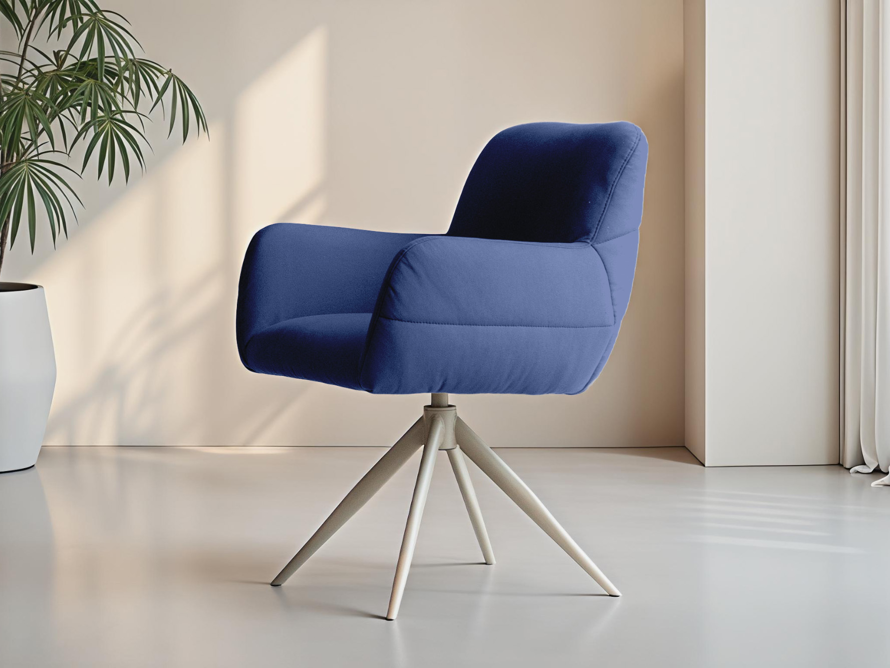 Eetkamerstoel in diepblauw fluweel met licht metalen onderstel