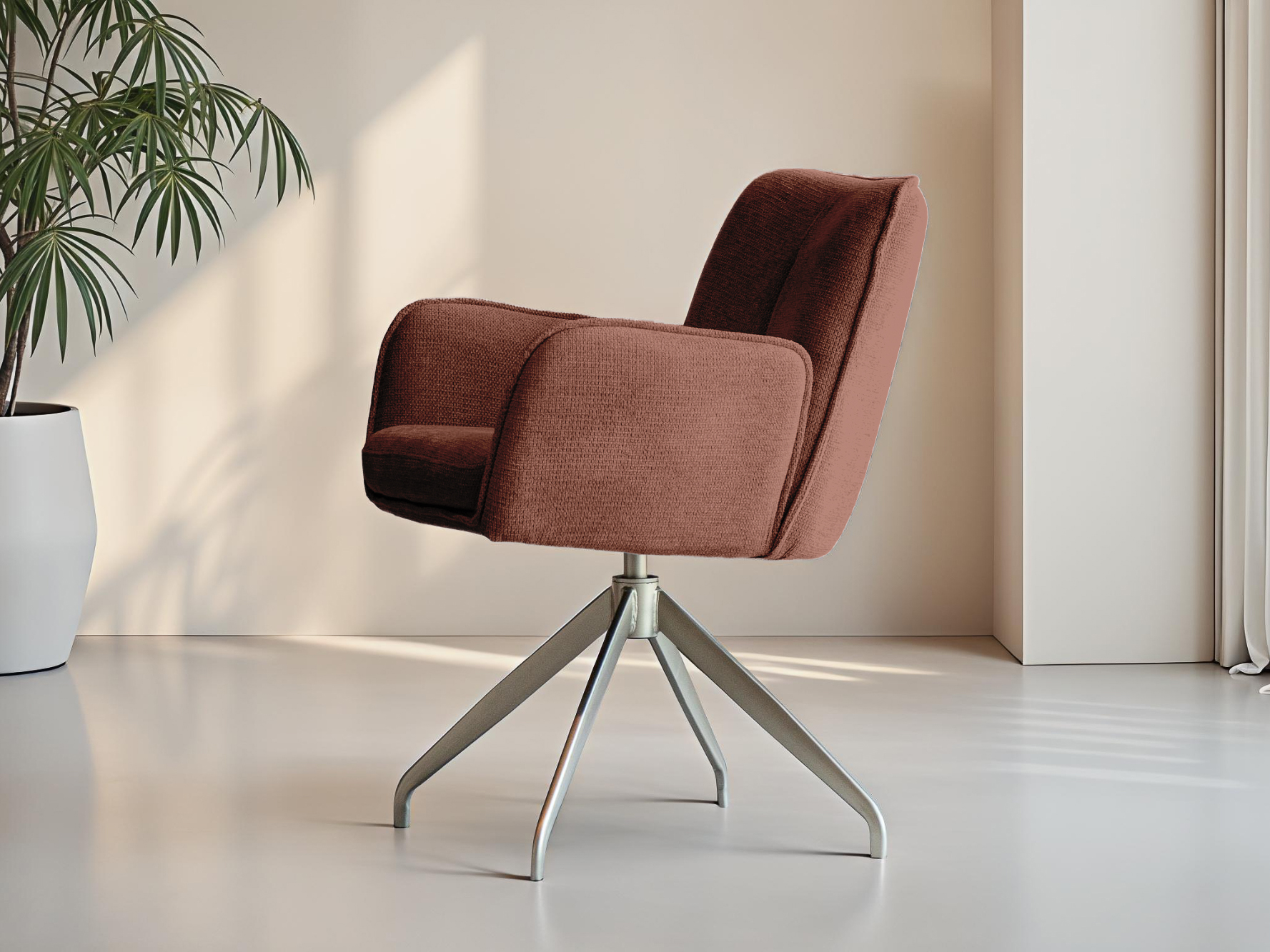 Roestkleurige stoel met strak ontwerp en zachte afwerking