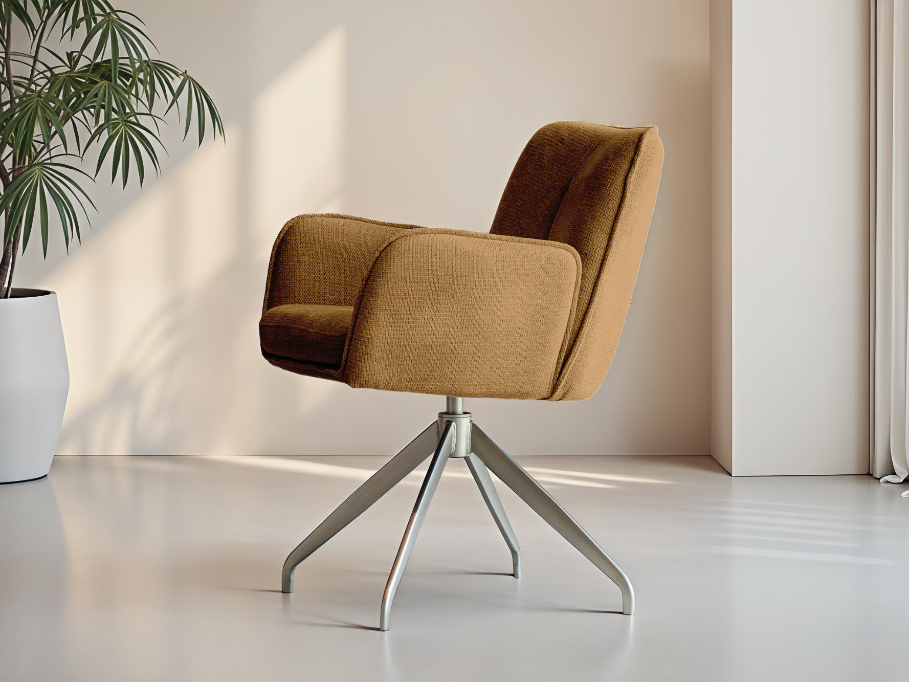 Warme bruine eetkamerstoel met zachte bekleding en modern silhouet