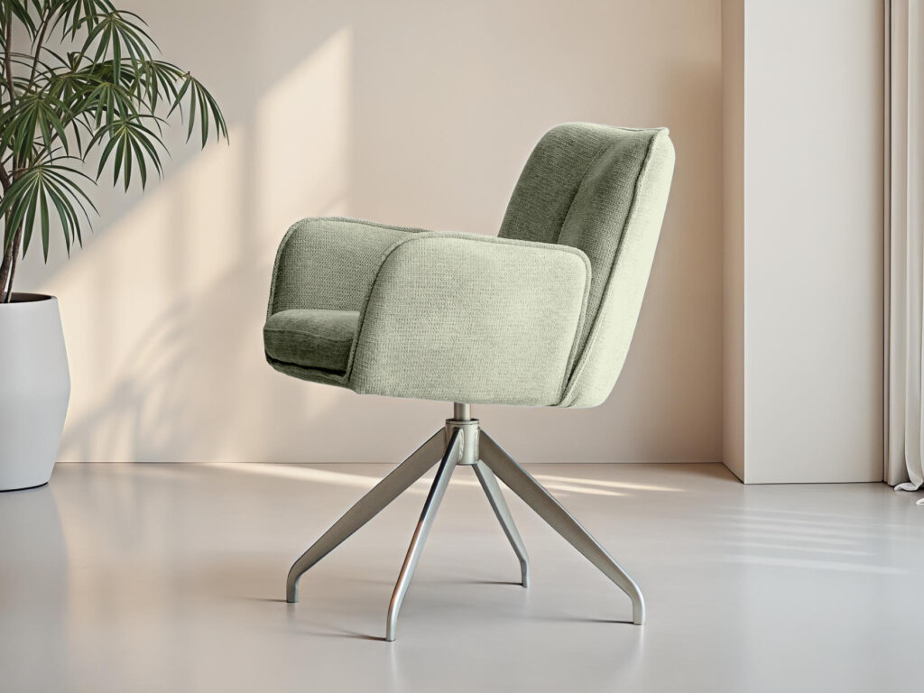 Licht olijfgroene stoel met elegante vormgeving en draaibare pootconstructie