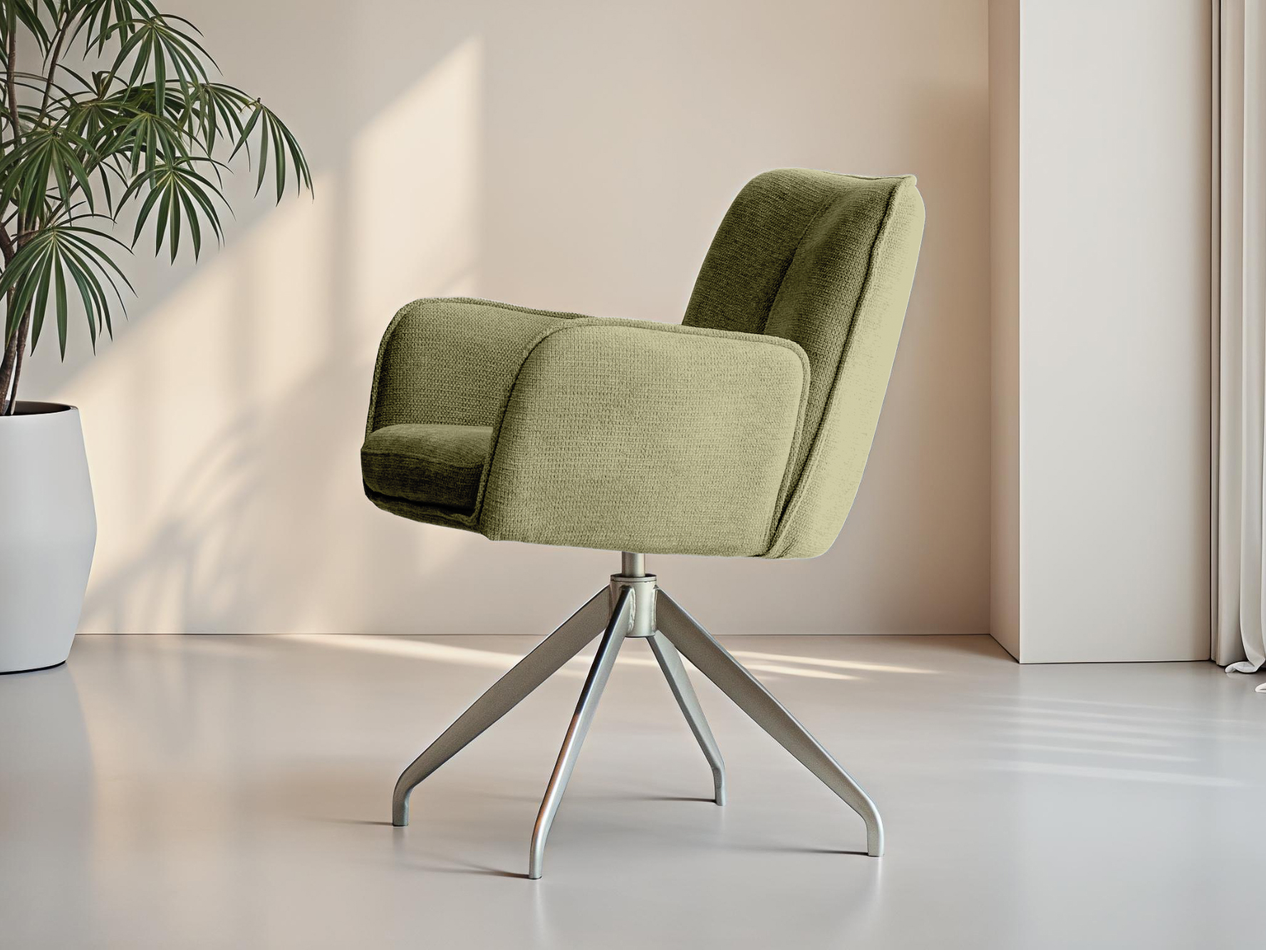 Mosgroene eetkamerstoel met zachte bekleding en elegante lijnen