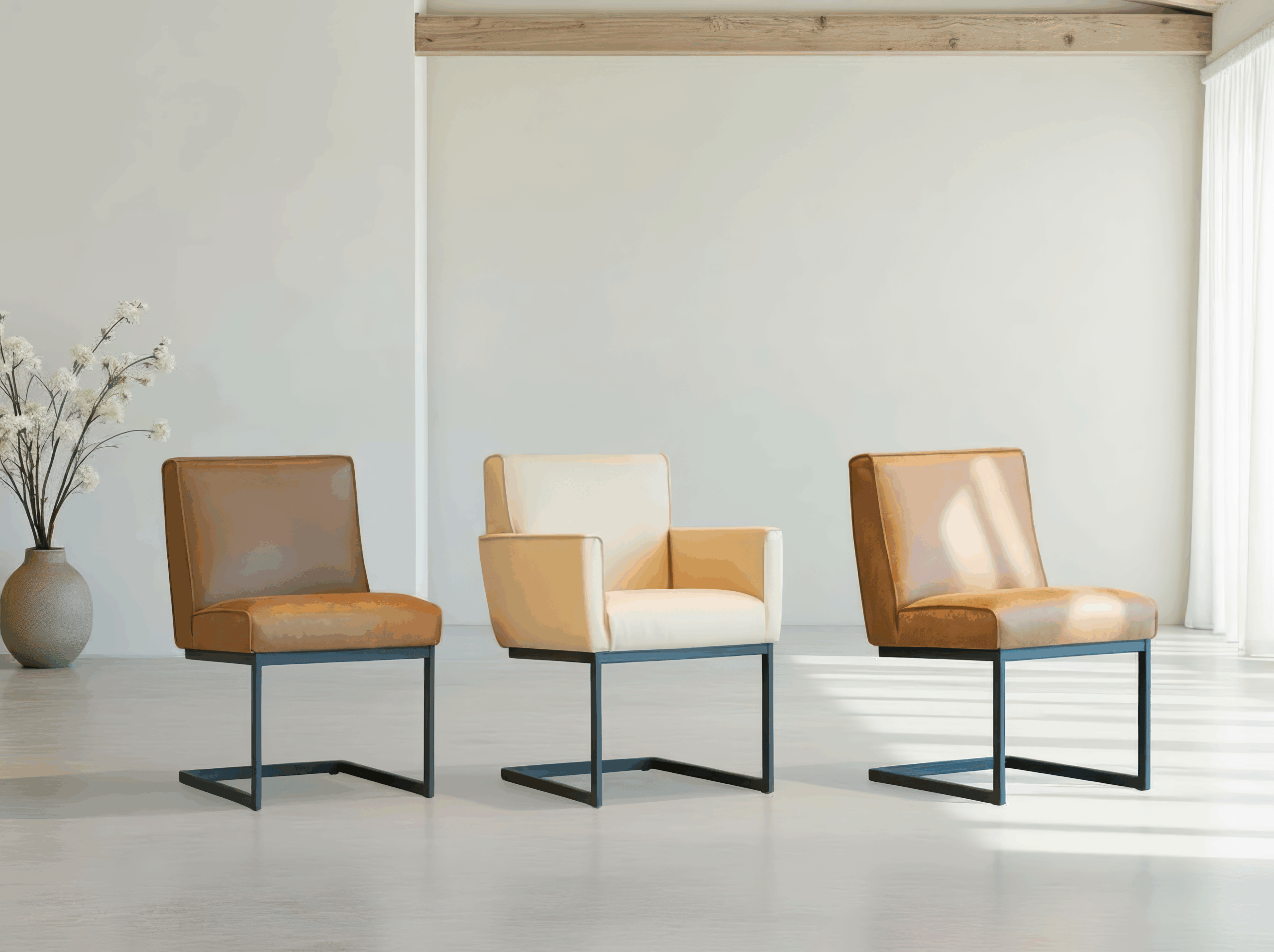 Eetkamerstoel Pesara - africa leer caramel - zonder arm en africa leer cream - met arm - metaalkleur RAL 7021