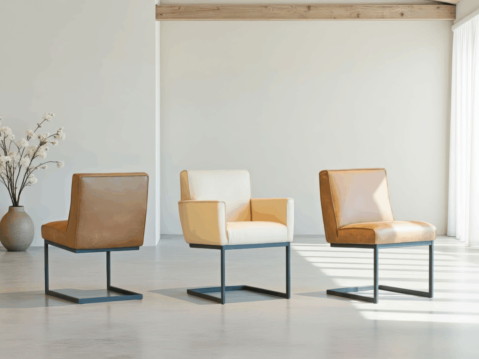 Eetkamerstoel Pesara - africa leer caramel - zonder arm en africa leer cream - met arm - metaalkleur RAL 7021