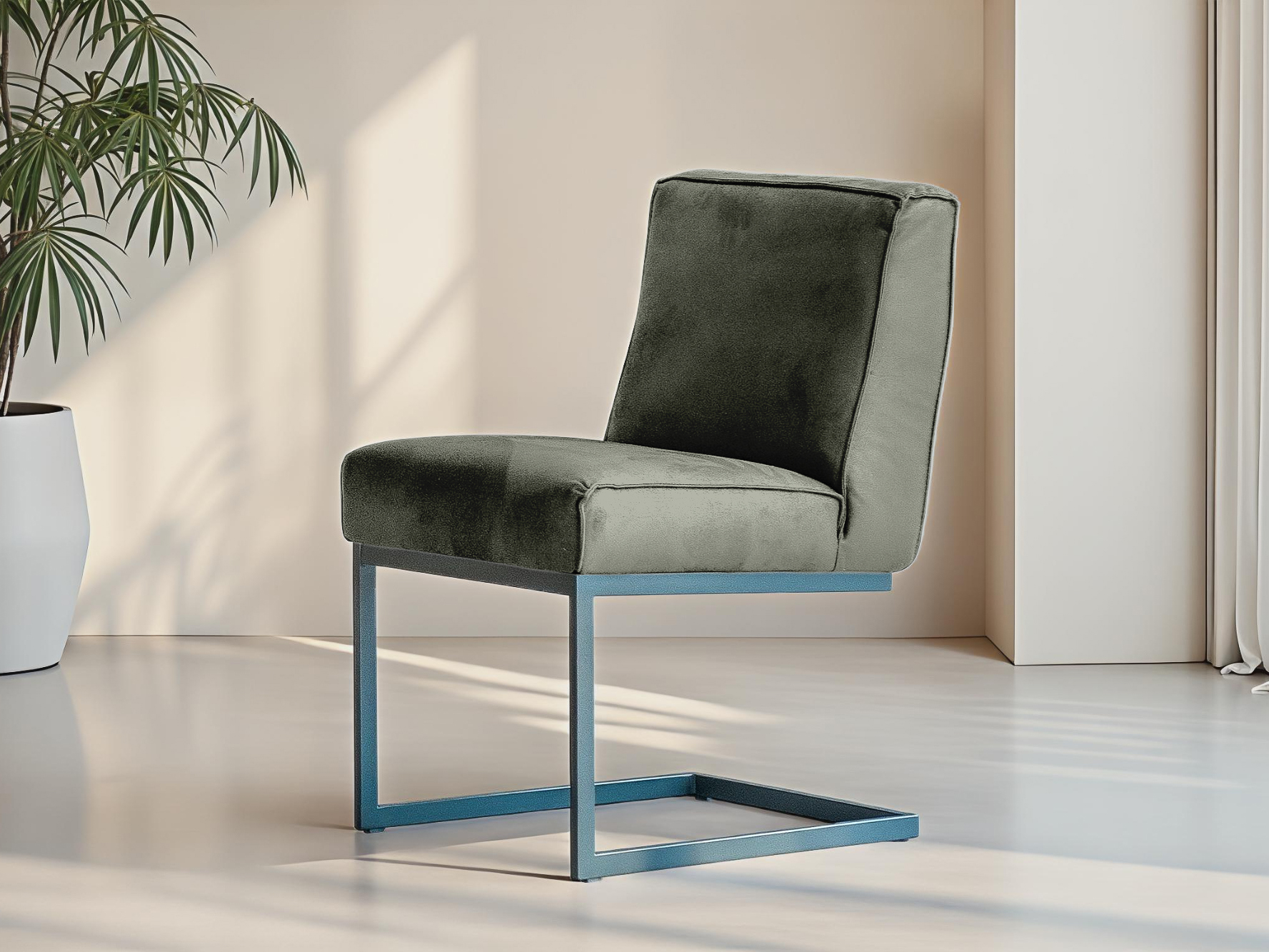 Robuuste groene eetkamerstoel met moderne uitstraling en zwart onderstel