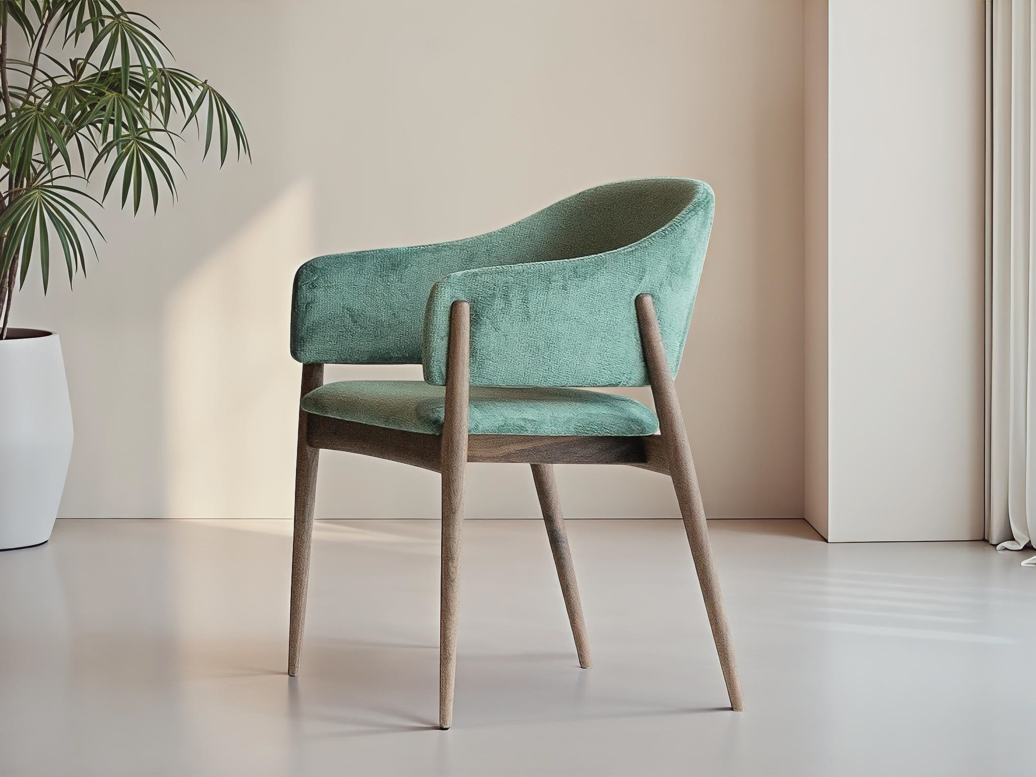 Moderne eetkamerstoel met open rug en klassiek houten onderstel