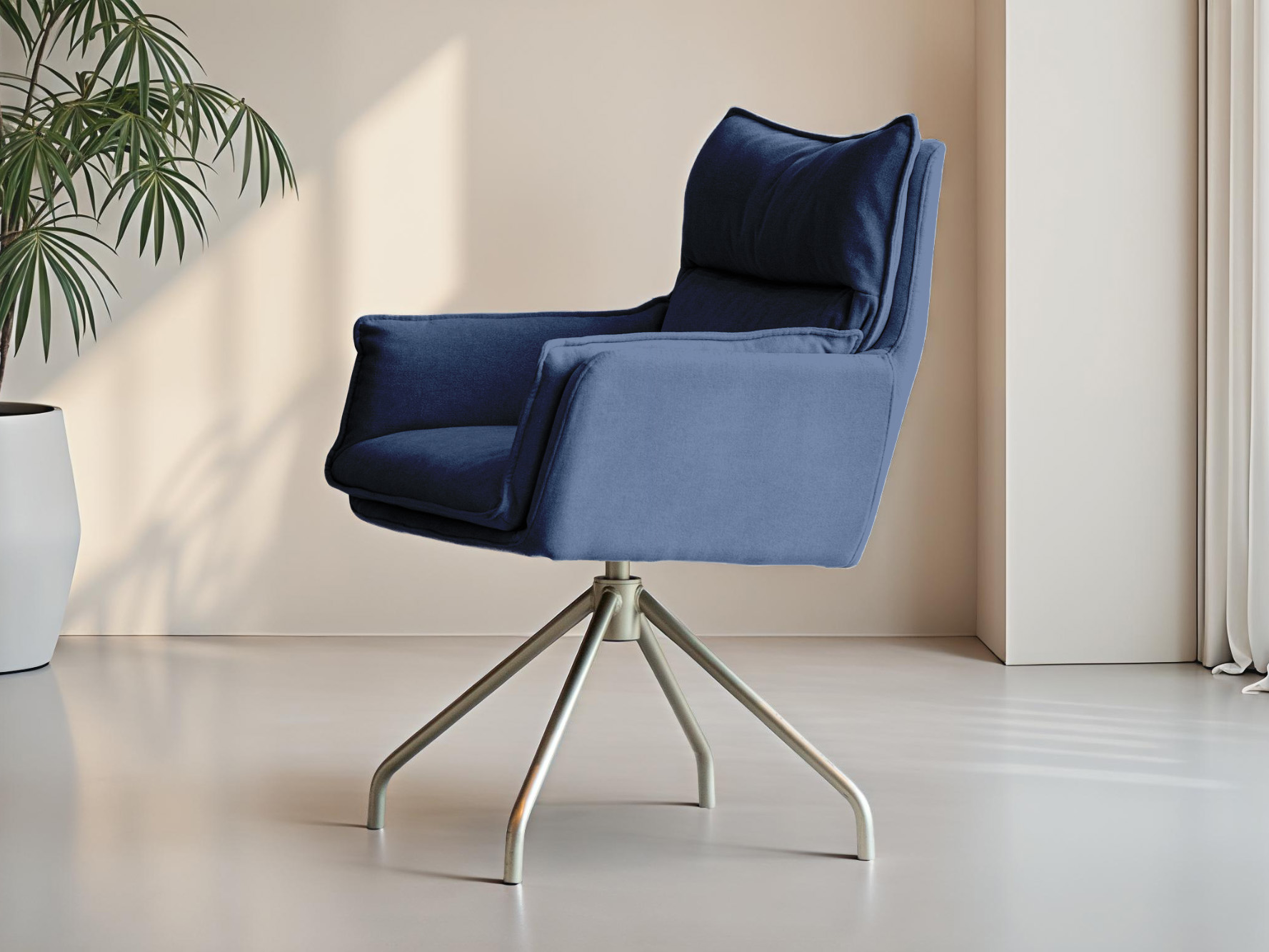 Donkerblauwe eetkamerstoel met stoere uitstraling en draaivoet