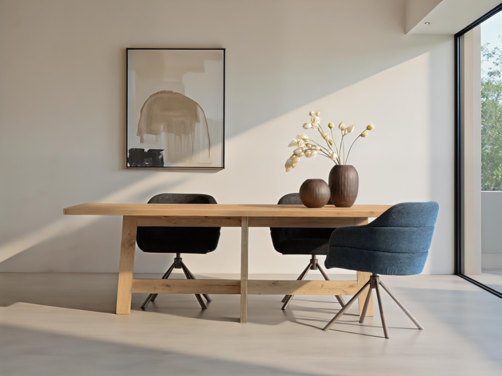 Moderne eikenhouten eettafel met elegante uitstraling