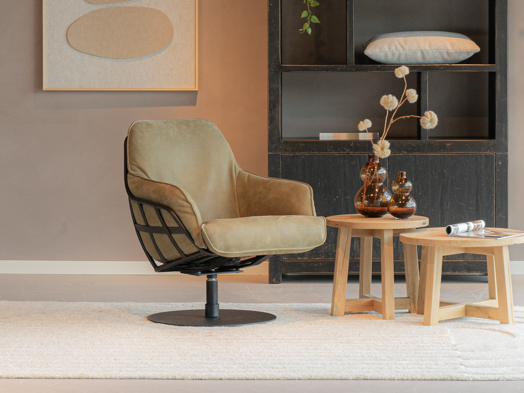 Leren groene fauteuil met armleuning