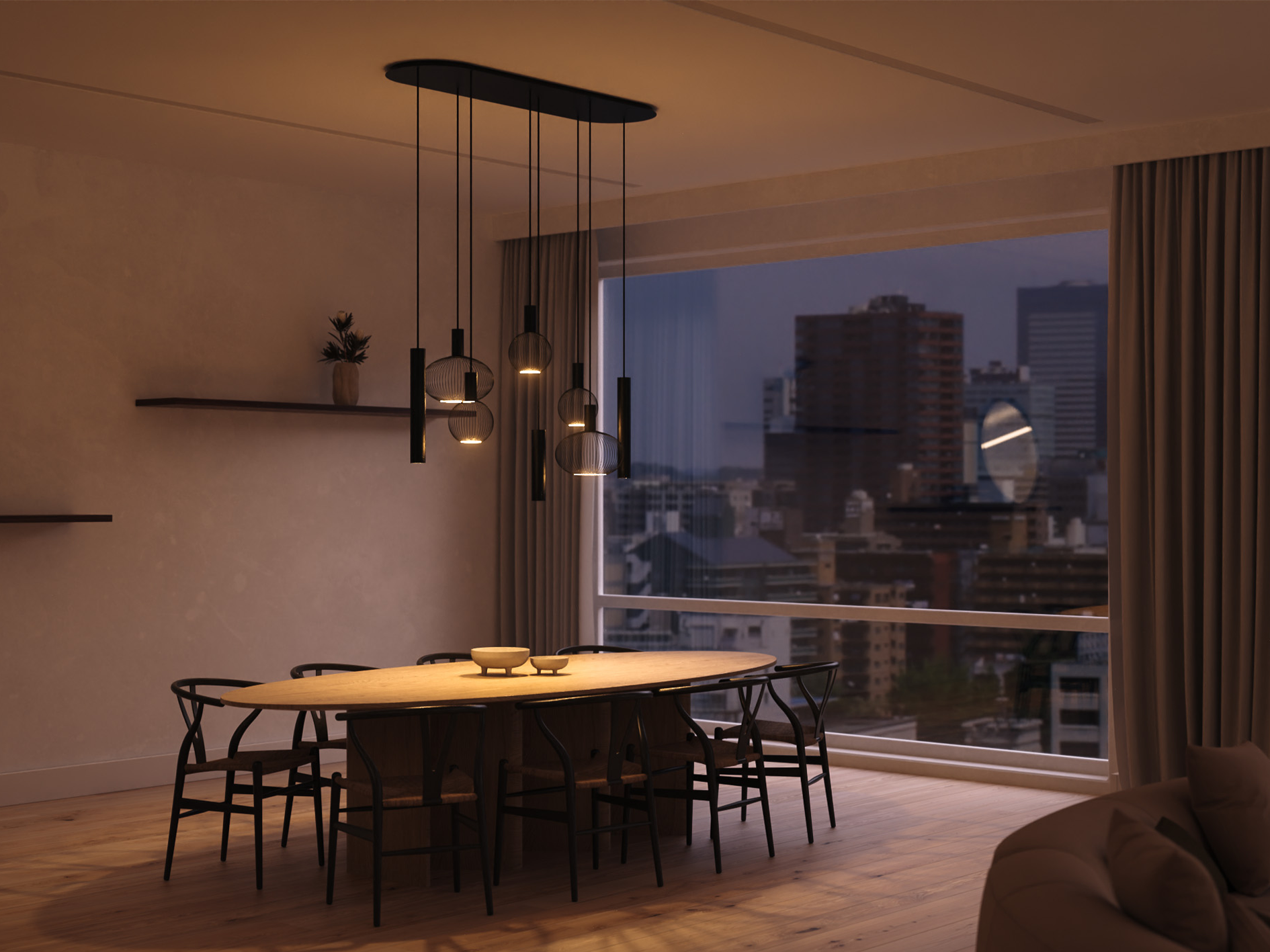 hanglamp voor lange eettafel met halfronde kap