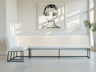 Hoek eetkamerbank Pesara - cloud ecru - 160cm hoek rechts - 244cm - metaalkleur RAL 7021