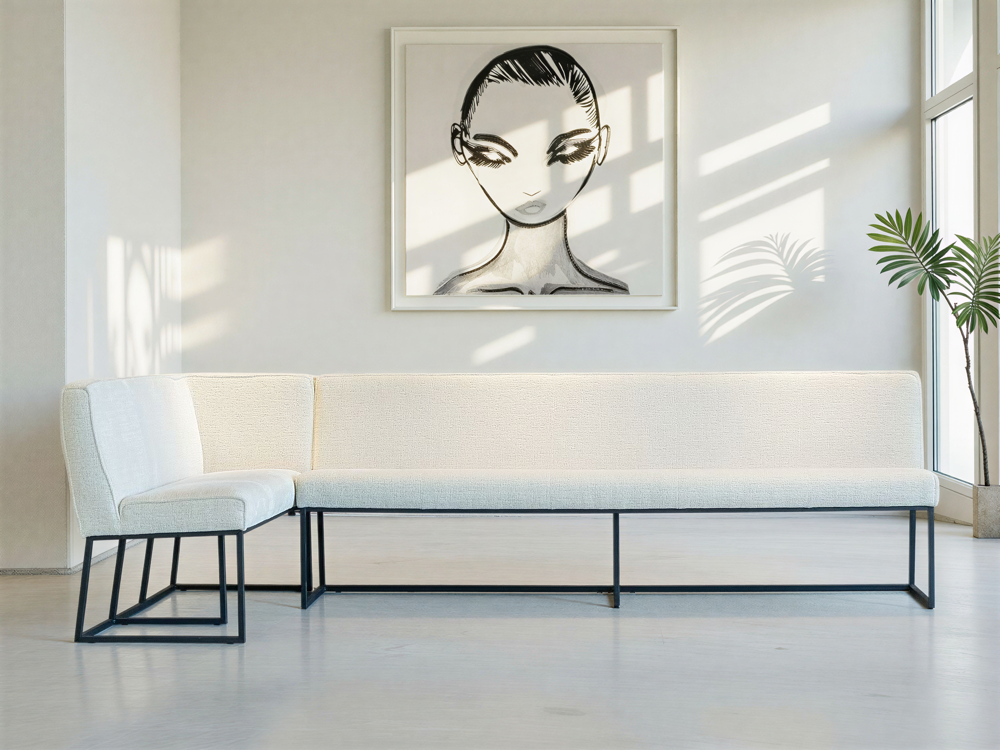 Hoek eetkamerbank Pesara - cloud ecru - 160cm hoek rechts - 244cm - metaalkleur RAL 7021