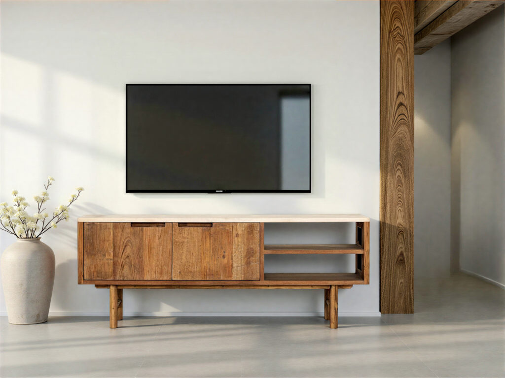 Staand TV-meubel van teakhout met deurtjes