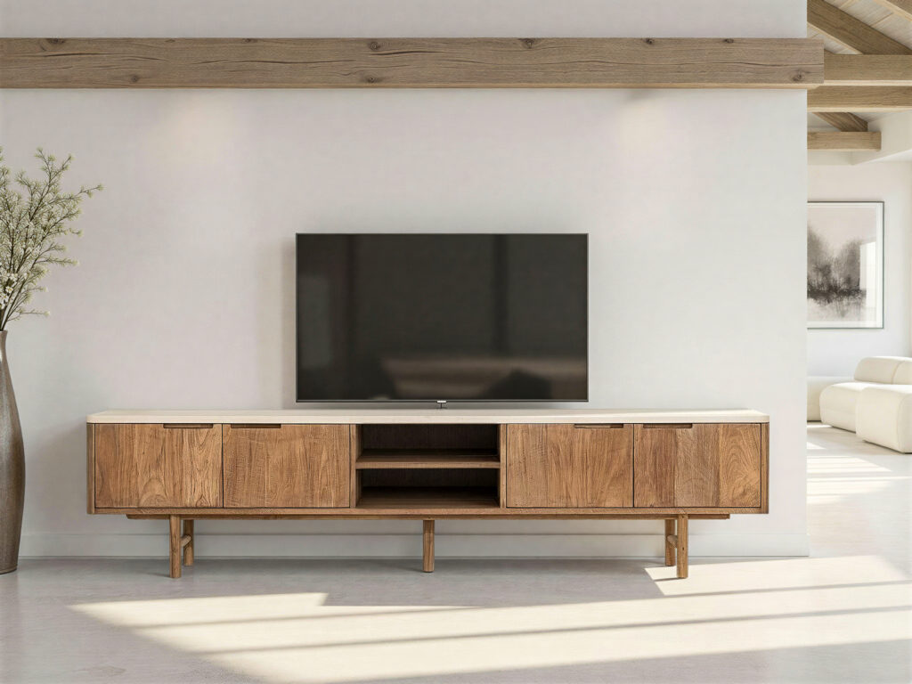 Robuust TV-meubel met teakhouten deuren met beige blad en open vakken