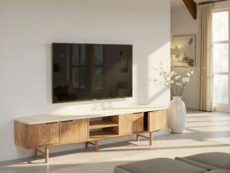 TV-meubel Dublin - 210x35x50cm - mortex top - 2 open vakken - 4 deurs tv-meubel van teakhout met deurtjes en open vakken