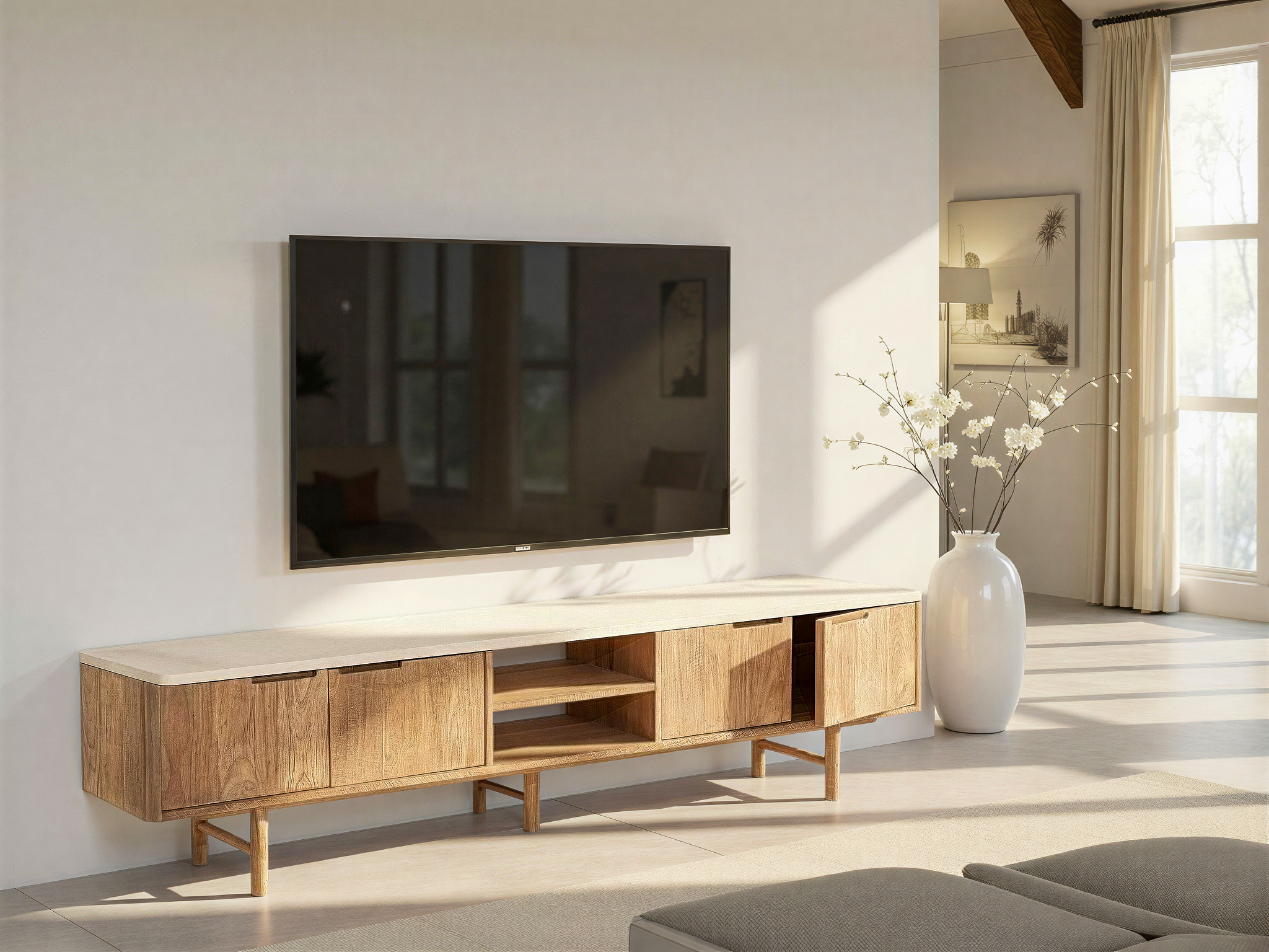 tv-meubel van teakhout met deurtjes en open vakken