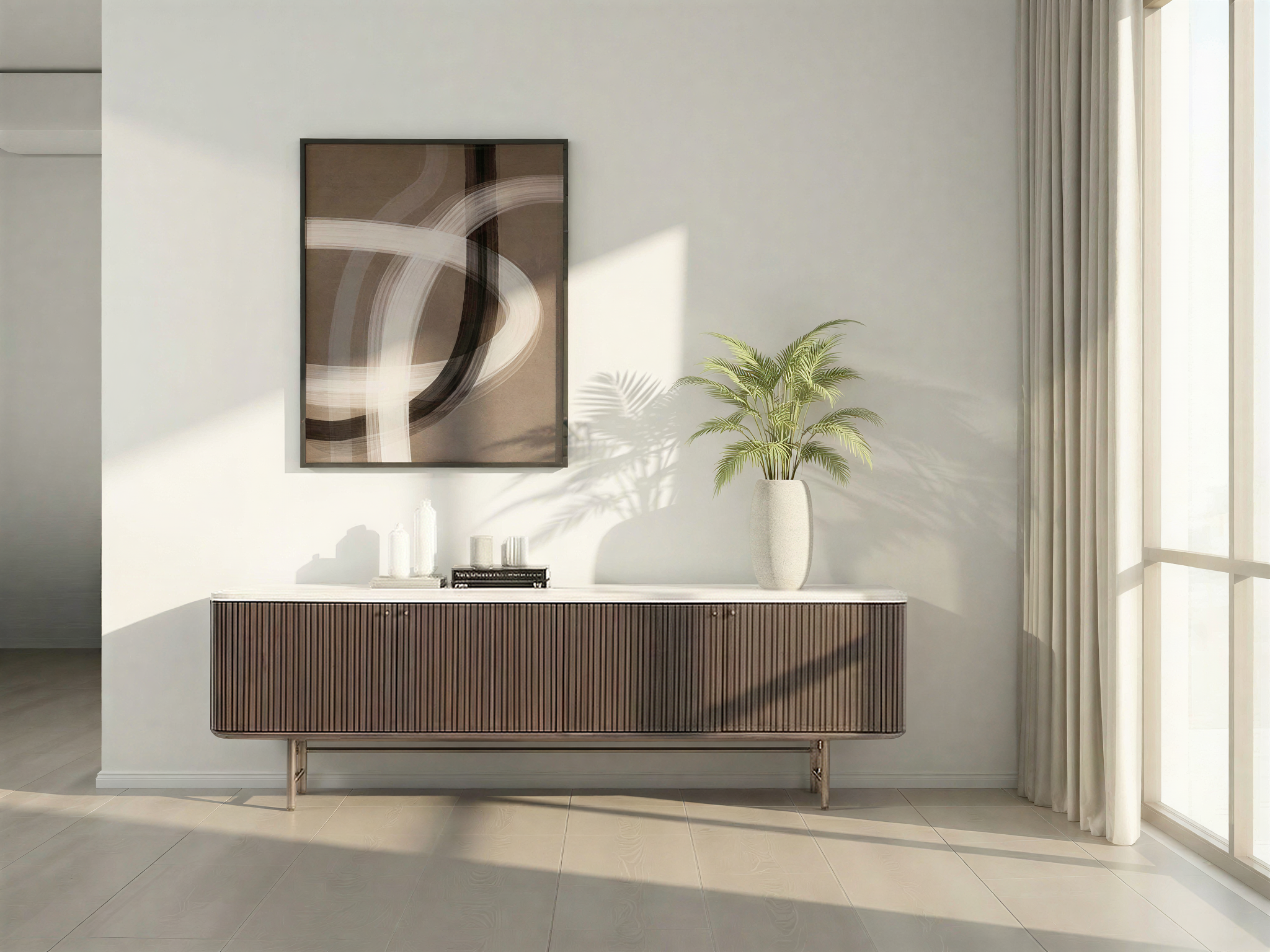 Donker tv-meubel op pootjes met verticale latten