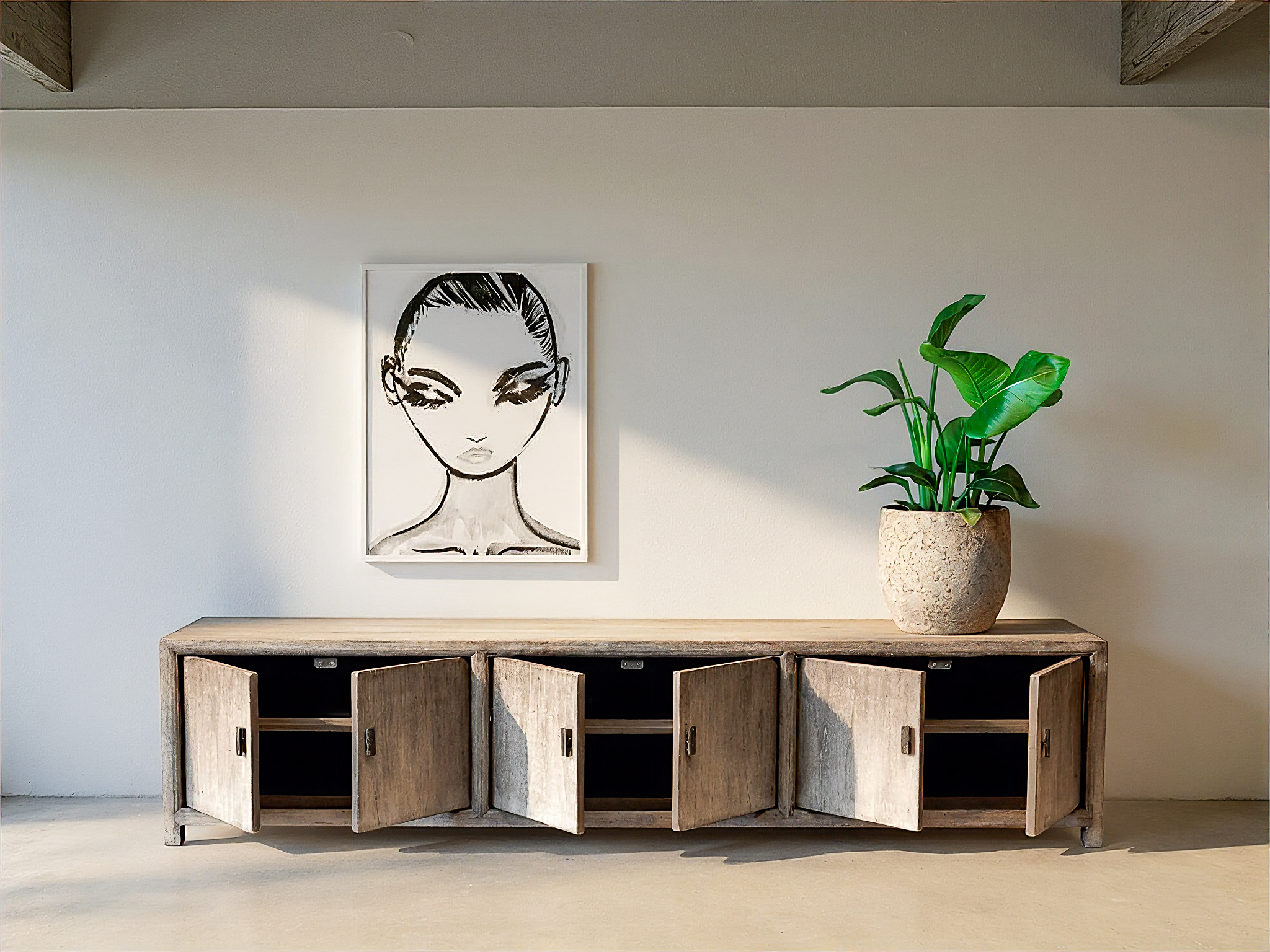 groot tv-meubel met deuren en legplanken grijze kleur