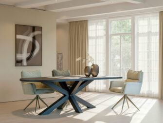 Tafel Antibes XL - 260x100cm - obelisk - rechte rand - navia brown - metaalkleur zwart - met onze eetkamerstoelen Woodburry