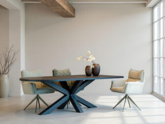 Tafel Antibes XL - 260x100cm - obelisk - rechte rand - navia brown - metaalkleur zwart - met onze eetkamerstoelen Woodburry