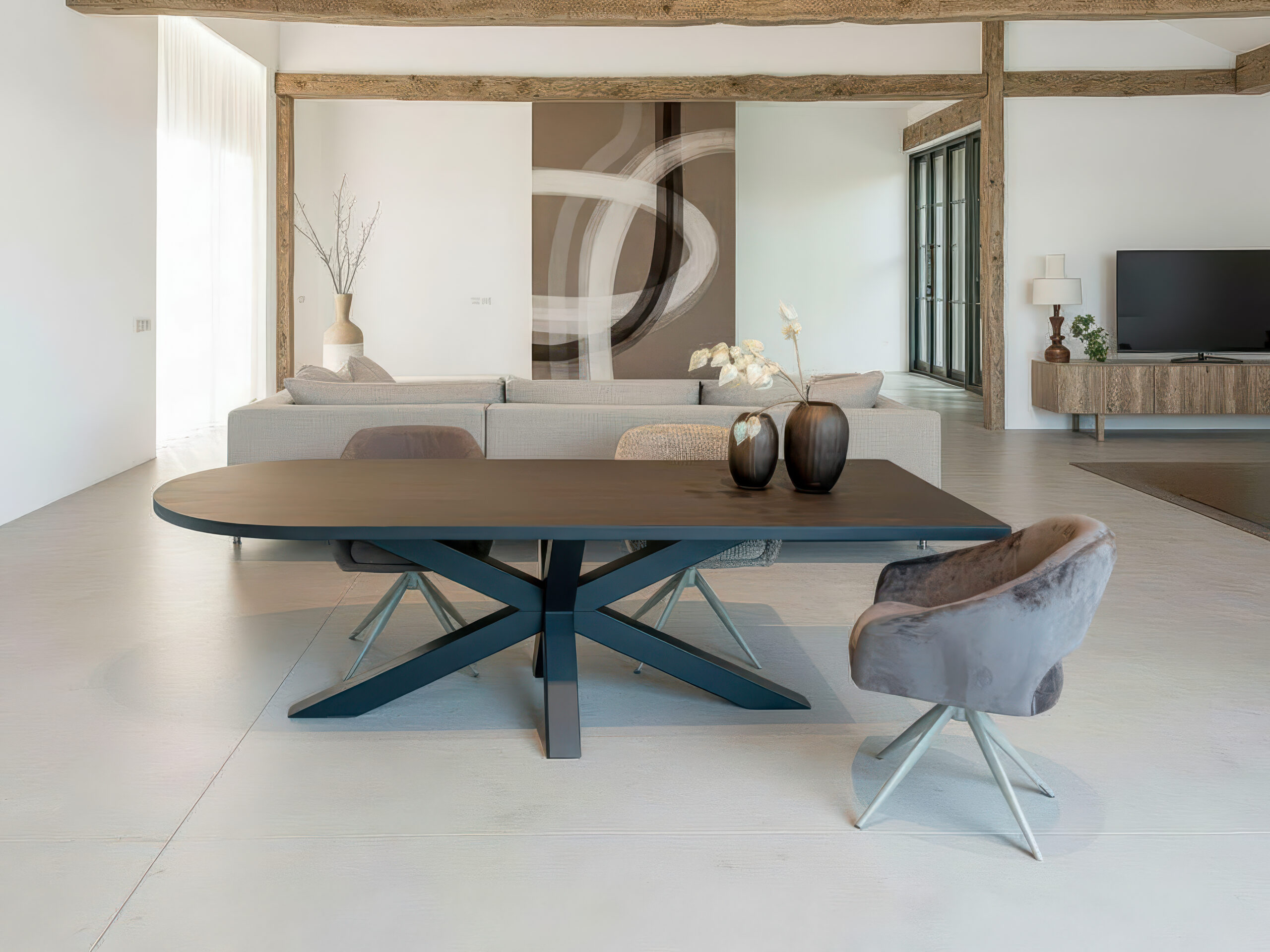 Tafel Antibes XL - 260x100cm - obelisk - rechte rand - navia brown - metaalkleur zwart - met onze eetkamerstoelen Doriana