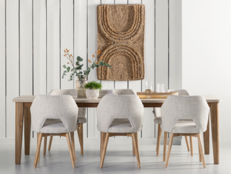 Teakhouten eettafel van 250 cm lang met een stijlvol mortex blad. Combineert natuurlijke warmte met moderne materialen