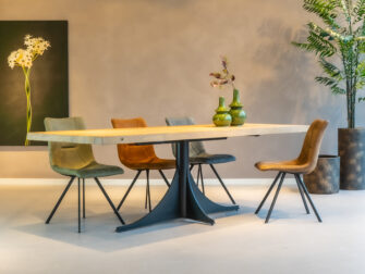 industriele tafel met gekleurde eetkamerstoelen