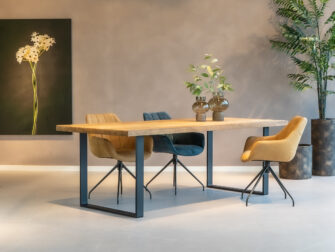 Tafelblad Larino 225x100cm - onderstel Carpentras met onze eetkamerstoelen Fresco