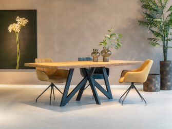 Tafelblad Larino 225x100cm - onderstel Fabriano met onze eetkamerstoelen Fresco