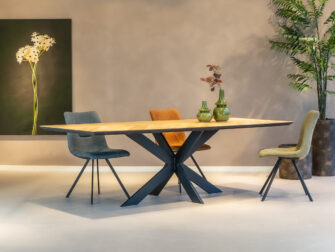Tafelblad Pesco 260x100cm - onderstel Antares met onze eetkamerstoelen Trevano